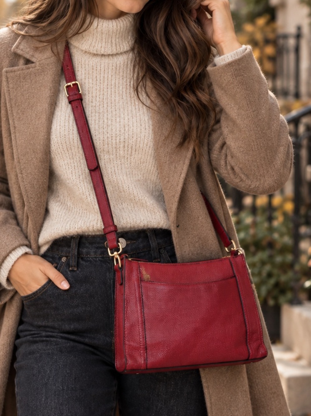 Kaytee Cherry Red Pebbled Crossbody Bag Gold Hardware